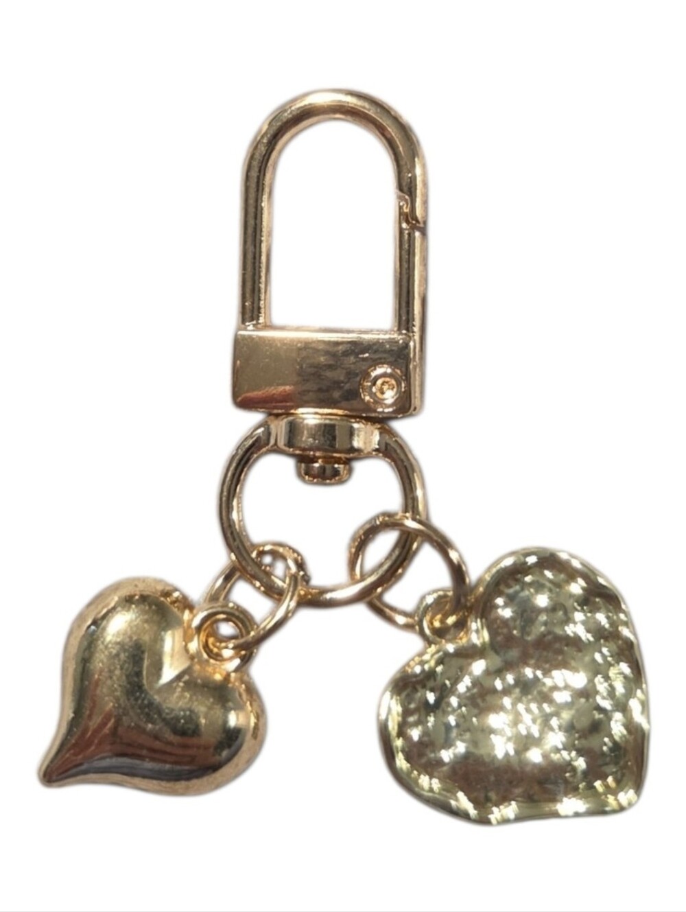 Gold Heart Charm Keychain - Double Heart Dangle, NEW